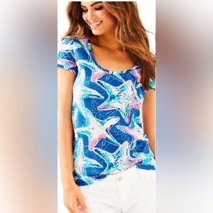 Lilly Pulitzer Dori T-Shirt Indigo Star Struck Print Blue Pink Size XXS